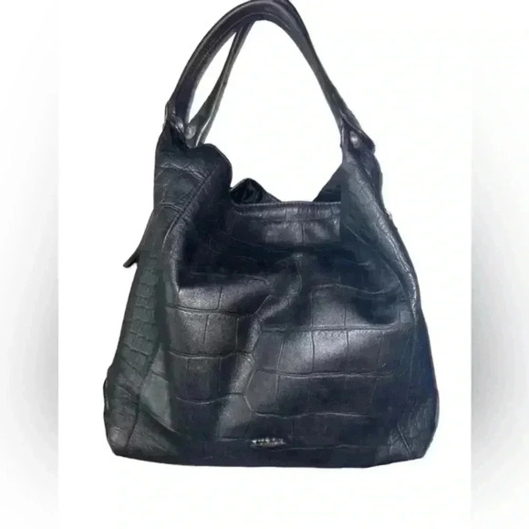 Furla Black Leather Croc‎ Embossed Shoulder Bag Purse - Picture 15 of 16